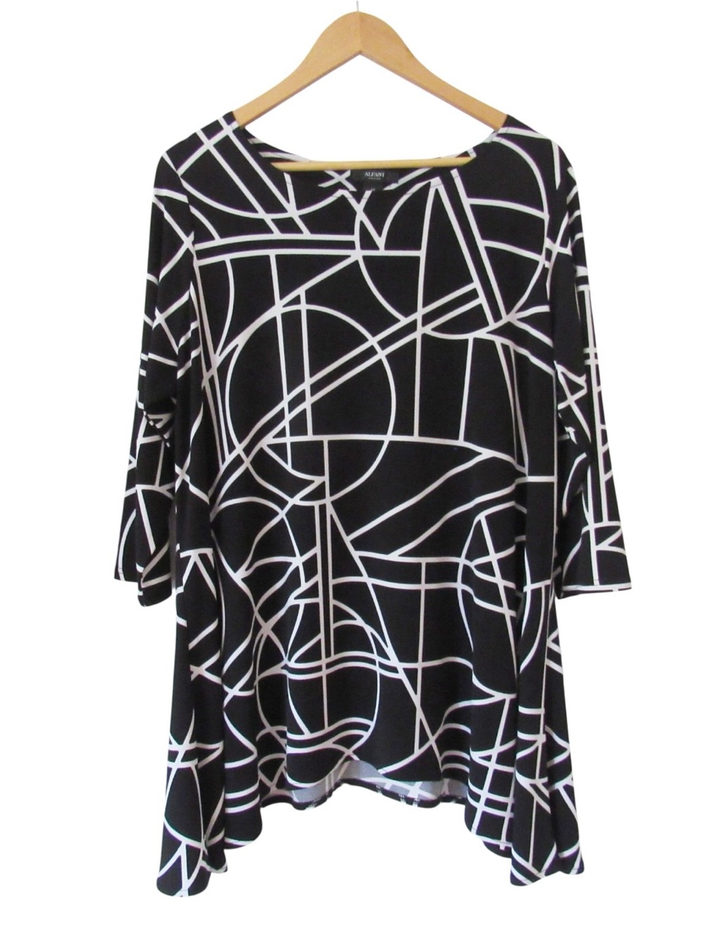 Alfani Black White Stained Glass Top 1X Geometric Print Stretch 3/4 Sleeves